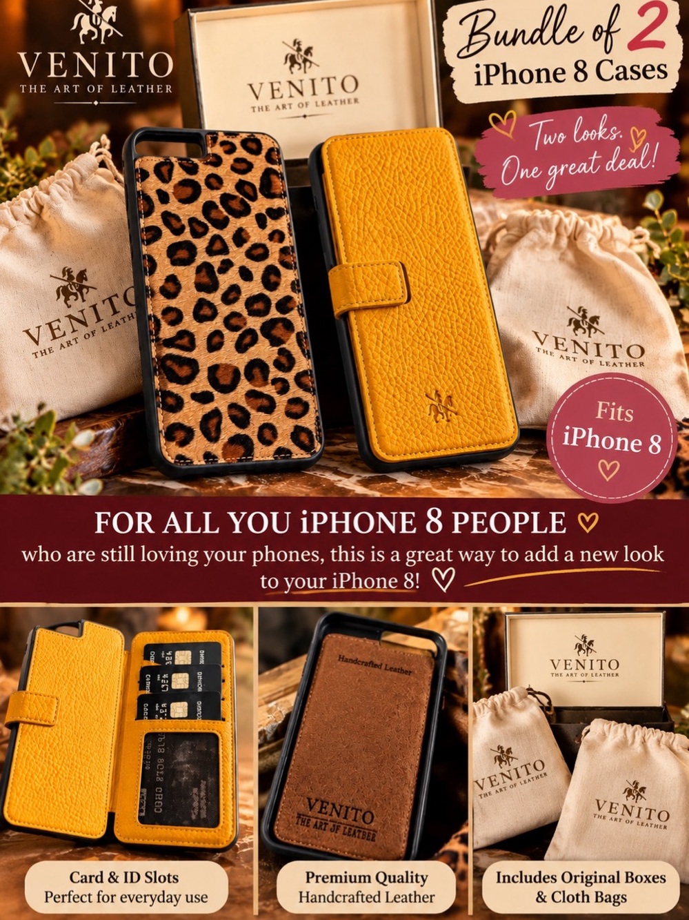 Venito Art of Leather Genuine Leather iPhone 8 Case Bundle- Like New